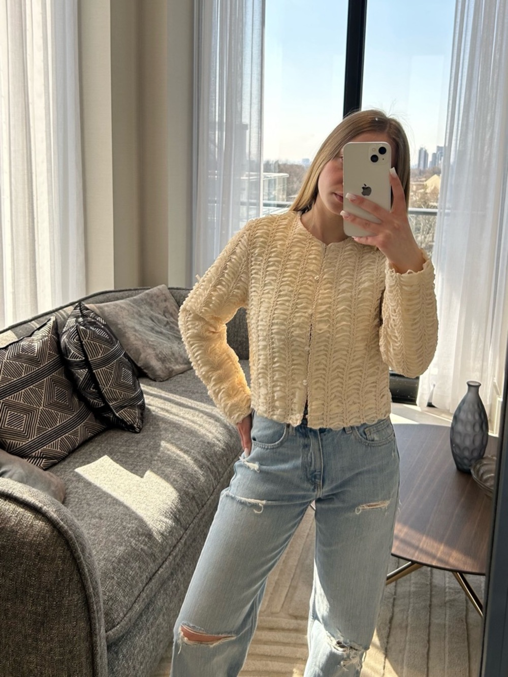 Zara Cream Textured Knit Jacket